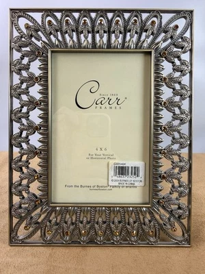 Vintage Carr Picture Frame Brushed Gold Ornate Amber Color Crystals 4x6 Photo - Image 1 of 4