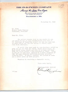 In-B-Tween Company Baltimore MD 1949 Tobacco Cigar Membrete 8.5" x 11" - Imagen 1 de 2