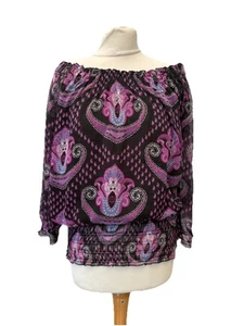 Evie Black Purple Floral Chiffon Top Size 14 3/4 Sleeve Polyester Women’s  - Picture 1 of 13