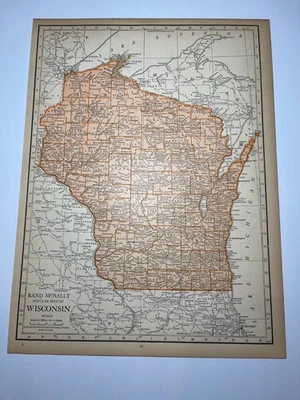 1925 "Copper" WISCONSIN State Map fm 1925 Rand-McNally Atlas SEE DESCRIP - Image 1 of 3