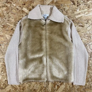 Vintage Y2K Kikit Faux Fur Knit Zip Up Tan Jacket Womens Size Large - Picture 1 of 3