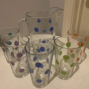 Vintage MCM Libbey Polka Dot Glass Pitcher w 5 Glass Tumblers - Picture 1 of 12