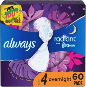 Always Radiant Feminine Pads for Women, Flexfoam Pads with Wings, Size 4, 60 Ct - Picture 1 of 7