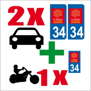 Lot 3 STICKERS 2 x AUTO+1x MOTO STYLE PLAQUE IMMATRICULATION DEPARTEMENT 34 - Picture 1 of 1