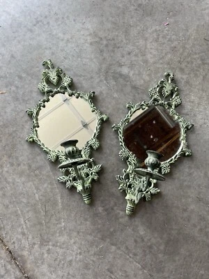 2 Brass Green Glass Ornate Hanging Wall Mirrors Candle Holders Sconces India - Image 1 of 4