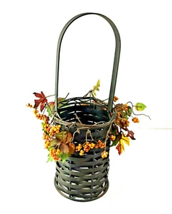Rustic Metal Basket Stationary Handle Leaf and Berry Accents - Picture 1 of 10