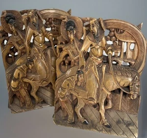 Antique Oriental Bookend Carved Folk Art Hand Carved Wood Village Carving 6” - Picture 1 of 14