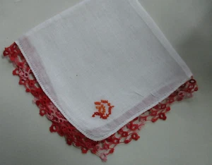 Vtg  Hand Monogram White Handkerchief "D" in Orange. Tatted Orange Border. - Picture 1 of 4