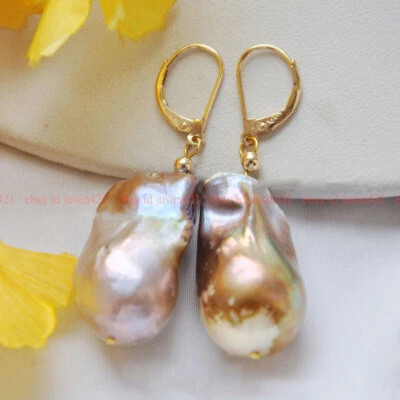 15-20mm Natural Purple Baroque Keshi Reborn Pearl Dangle Gold Leverback Earrings - Image 1 of 4