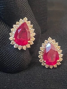 Pave 5.60 Cts Round Brilliant Cut Diamonds Pear Ruby Stud Earrings In 14K Gold - Picture 1 of 12