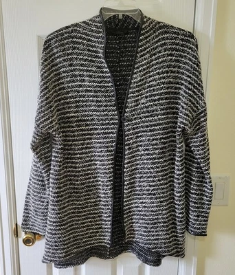 Investments Cardigan Sweater Size L Black White Knit Striped Lightweight  - Image 1 of 4