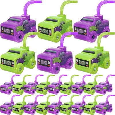 24 Set Green and Purple Monster Truck Road Cups with Straws, Plastic Vehicle ... - Image 1 of 4