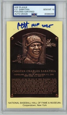 CC Sabathia Signed Gold HOF  Plaque Postcard Yellow Autograph PSA 10 Yankees - Image 1 of 2