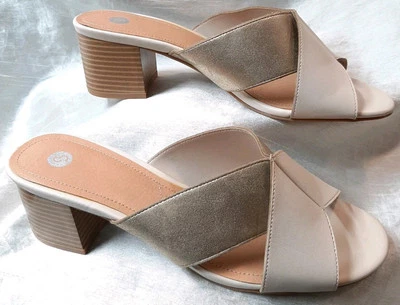 NUEVO SIN CAJA CP DressBarn 9M DEBI Bloque Tacón Alto Punta Abierta Sandalia Correa Cruzada Crema/Dorado Foto 1 de 4