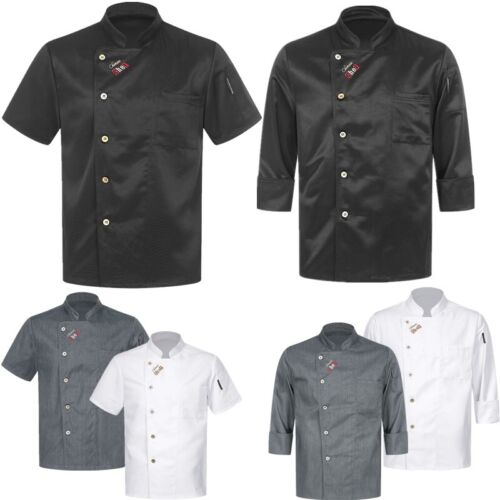 Mens Chef Coat Restaurant Shirts Waiter Jacket Breathable Tops Stand Collar