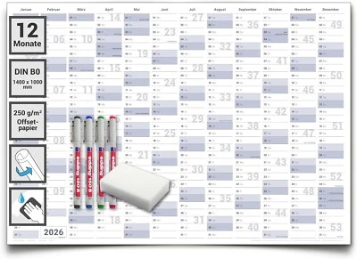 Abwischbarer XXL Jahresplaner Wandkalender 2026. Wandplaner gerollt Gigatime - Bild 1 von 4