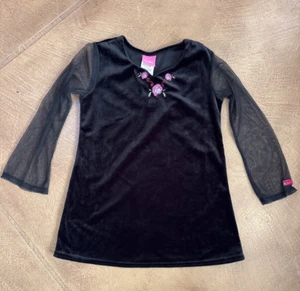 Barbie Vintage Y2K Little Girl XS 4/5 Black Long Sleeve Tunic Top Mesh Velvet - Picture 1 of 4