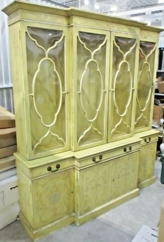 Karges Four Door Bubble Glass Yellow China Cabinet Hand Painted Breakfront Desk Cover