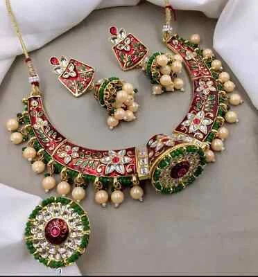 Indian Gold Plated Meenakari Kundan Traditional Choker Bridal Necklace Jewelry - Image 1 of 4