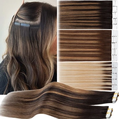 Extensiones de cabello humano ruso Remy con cinta invisible trama de piel balayage sucio Foto 1 de 4