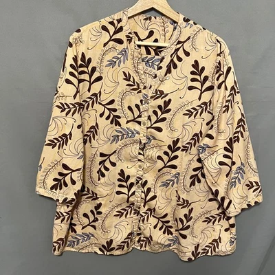 Blusa Top Algodón Vacaciones Floral Con Botones Manga 3/4 Beige Marrón Talla Grande Foto 1 de 4