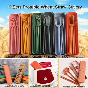 6Pcs Reusable Flatware Set Travel Utensils with Case,Wheat Straw Cutlery Camping - Picture 1 of 8
