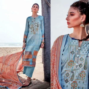 LTBLUE PRINTED COTTON & KASHMIRI EMBR INDIAN READYMADE SALWAR KAMEEZ LADIES SUIT - Picture 1 of 3