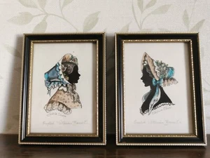 2 Vintage Silhouettes Victorian Bonnets Signed Christine Silver Framed - Picture 1 of 14