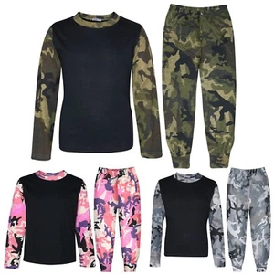 Kids Boys Girls Pjs Contrast Camouflage Plain Stylish Pyjamas Set 2-13 Years - Picture 1 of 17