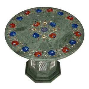 Mesa redonda de mármol centro verde de 2' incrustación decoración de malaquita con soporte - Imagen 1 de 5