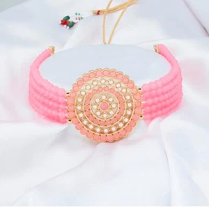 Gold Plated Kundan Choker Necklace Set Bollywood Bridal Indian Pearl Jewelry - Picture 1 of 2