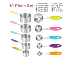 Stainless Steel Measuring Cups And Spoons Set 10 pcs Soft Silicone Handles NEW - Picture 1 of 6