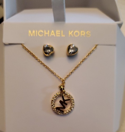 Nuovo con scatola Logo Michael Kors MK Collana Colore Oro Cerchio & Orecchini Cuore Cristallo