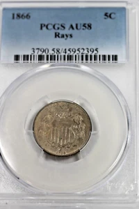 1866 Rays Shield Nickel : PCGS AU58 - Picture 1 of 4