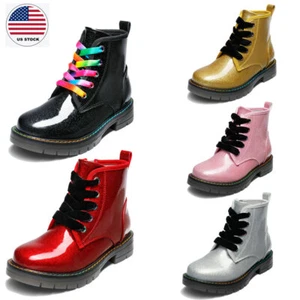 Kids Girls Boys Youth Glitter Ankle Boots Side Zipper PU Leather Combat Boots - Picture 1 of 25