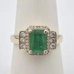 EFFY 14K Yellow Gold Emerald-Cut Emerald & Diamond Halo Cocktail Ring Size 7 - Picture 1 of 12