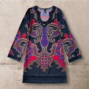 NWT INC Paisley Print Mini Dress Psychedelic Mod Boho Beaded Jewel Neck Size S - Picture 1 of 8