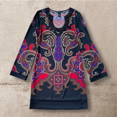 NWT INC Paisley Print Mini Dress Psychedelic Mod Boho Beaded Jewel Neck Size S - Image 1 of 4