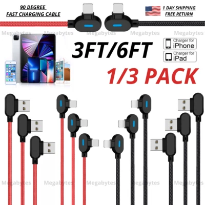 Cable cargador USB ángulo recto de 90 grados cable de carga para iPhone 13 12 11 XR 8 6 Foto 1 de 4