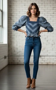 Camicetta Love The Label Chambray Chevron collo quadrato crop top manica a sbuffo denim XS - Foto 1 di 10
