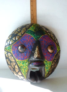 Vintage Ghana African  Beaded Brass Inlay Carved Round Wood Mask - Picture 1 of 15