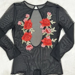 TIMING Body maglia manica lunga nero donna grande rosso rose ricamo floreale - Foto 1 di 20