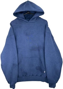 Vintage 90s Russell Athletic Blank Hoodie Navy Sweatshirt Sz XL Distressed Faded - Picture 1 of 4