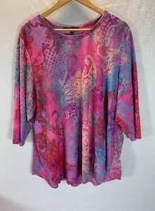 Calessa Boho Embroidered 3/4 Sleeve Tie Dye Plus Size Top 3X Pink Bright - Picture 1 of 7
