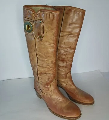 Botas altas COACH para mujer talla 6,5 SARA marrón claro/beige cuero hebilla tacón  Foto 1 de 4