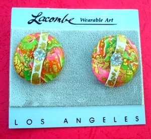 AMY LACOMBE EARRINGS WEARABLE ART Modernist Handmade Gold Leaf Austrian Crystals - Picture 1 of 8