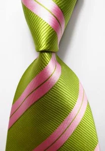 New Classic Striped Green Pink JACQUARD WOVEN 100% Silk Men's Tie Necktie - Picture 1 of 2