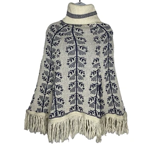 Poncho Vintage Años 60 Cardinal Mills Blanco Azul Fair Isle Flecos Cuello Alto Talla S - Imagen 1 de 8