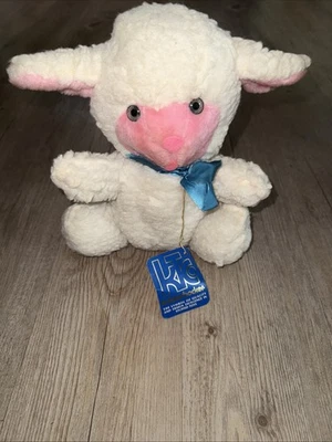 Vintage Knickerbocker Lamb Sheep Plush Stuffed Animal White Pink Original Tag - Image 1 of 4