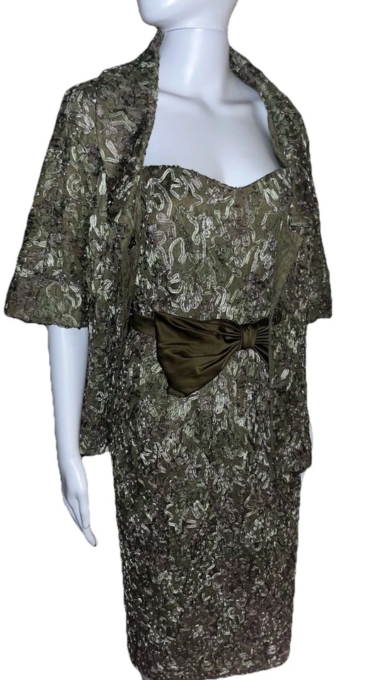 Lafayette 148 NY Dress Suit Size 8 Green Strapless Ribbon Bow Tie Waist Cocktail - Image 1 of 4